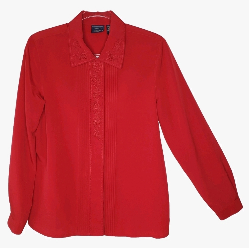 Vintage Laura Scott Embroidered Button Up Top Size 10 Red Romantic Holiday